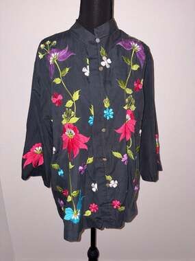 Caro of Honolulu Black Mandarin Collar Floral Embroidered Button-Up Shirt